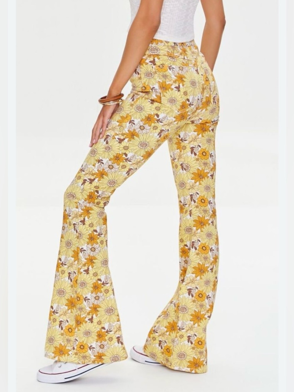Festival Floral Flare Jeans 29in High Waist Raw Hem Stretch Retro 70s Y2K